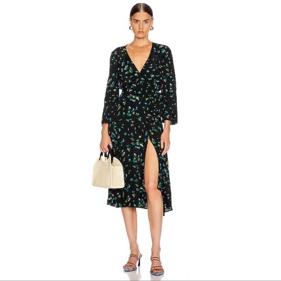 GANNI PRINTED CREPE WRAP DRESS VERDANT GREEN SIZE US4/S - Picture 1 of 10